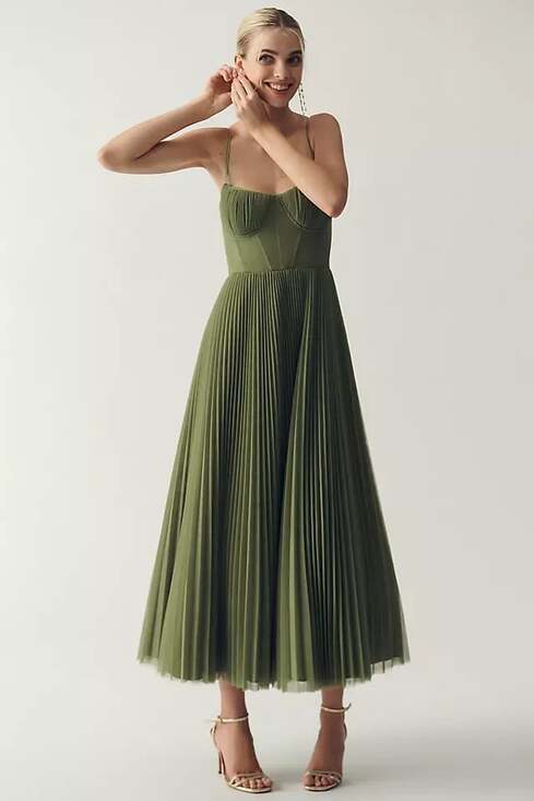 Hutch Dresses & Skirts - Hutch Amara Corset Pleated Tulle Fit & Flare Midi Dress in Sage Green